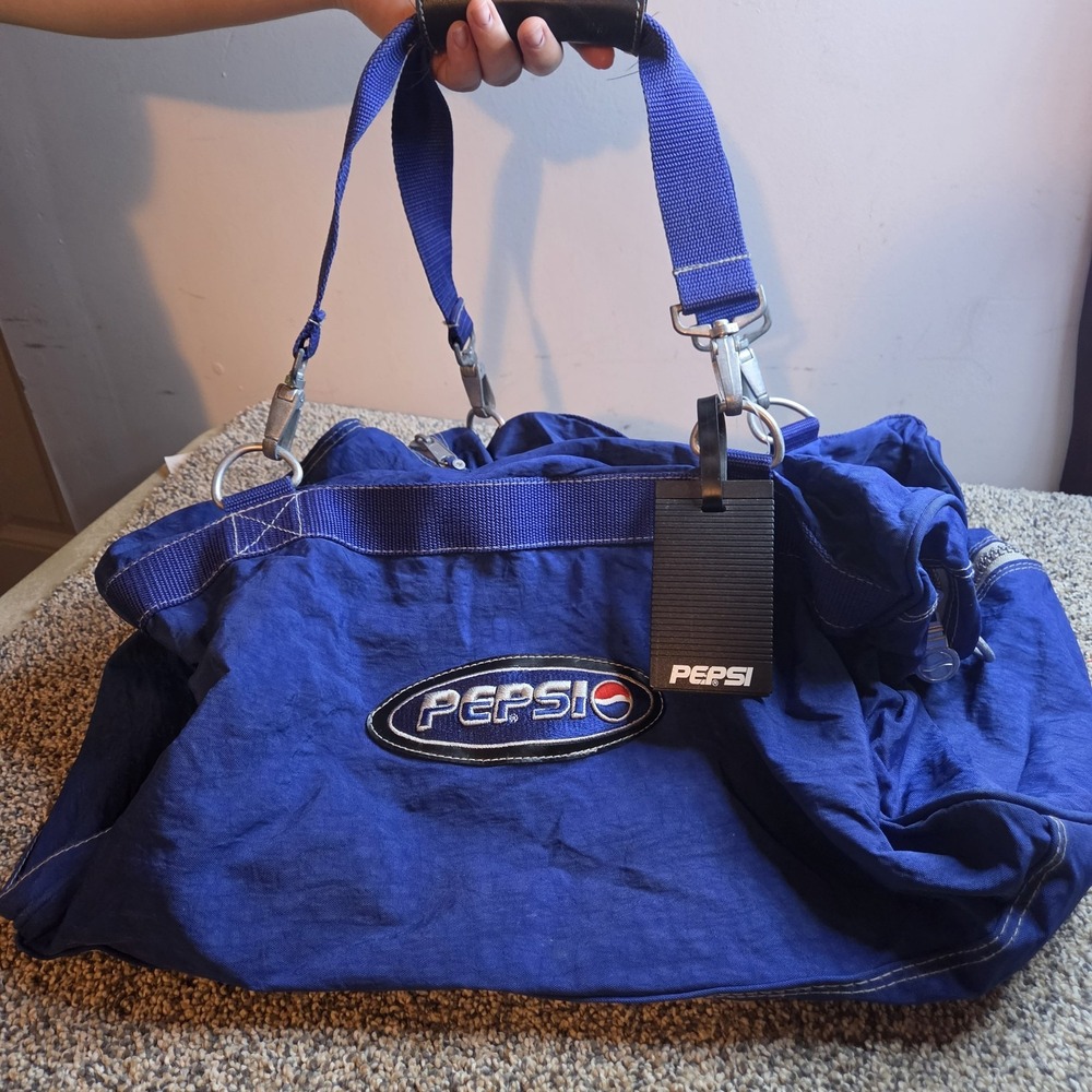 Vintage Pepsi Blue Nylon Duffel Bag Retro 90s Travel Gym Bag with Logo Patch